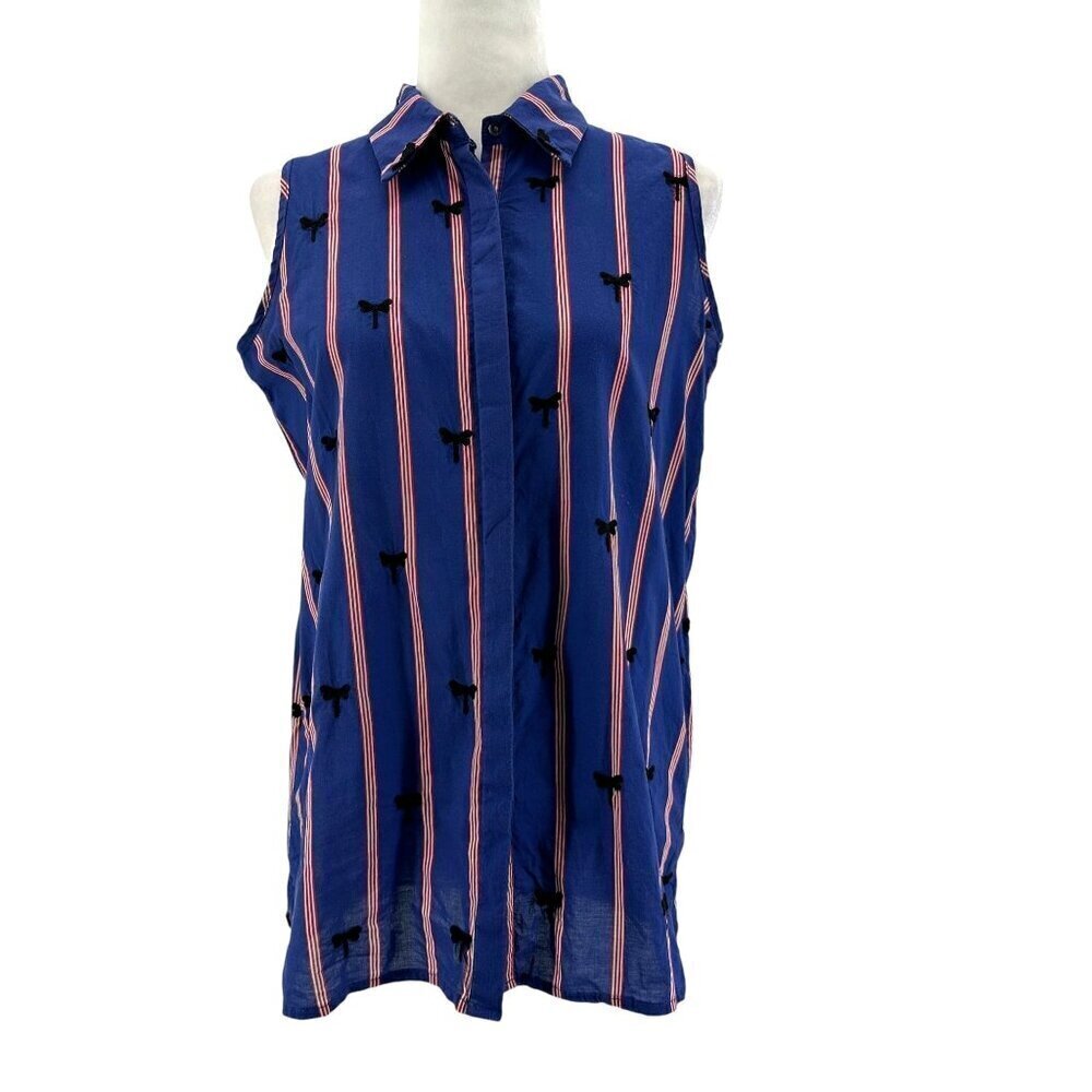 Khaadi Dragonfly Striped Blue Red Sleeveless Collared Button Shirt Top Womens S